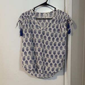 Anthropologie White and Blue Patterned Blouse